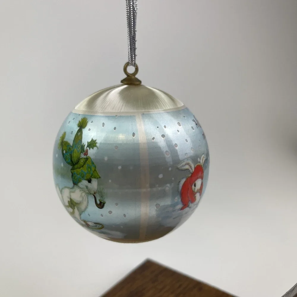 Vintage 1982 Hallmark Grandson Satin Ball‎ Christmas Ornament Bunnies Sled Snow